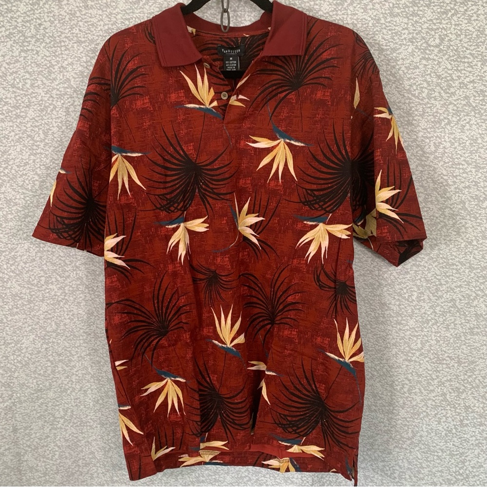 VAN HEUSEN Polo Shirt Short Sleeve Burgundy & Tan Men's Shirt Medium #984